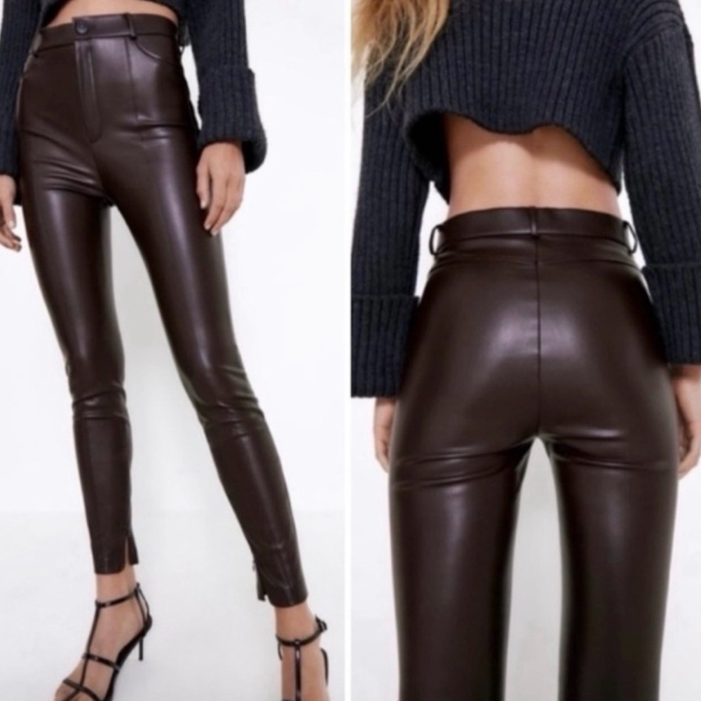 Zara Hi-Rise Dark Chocolate Brown Faux Leather Legging Pants w/ankle zip